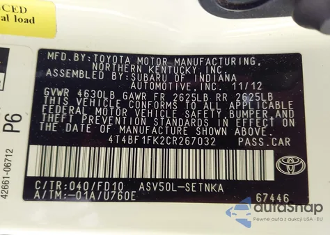 2012 Toyota Camry Le из США, поврежденный, VIN 4T4BF1FK2CR267032